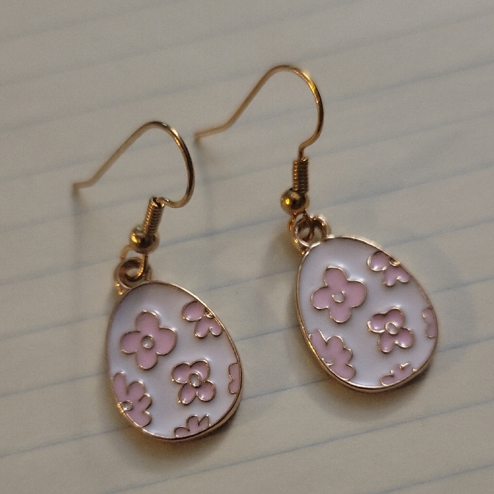 Gold-Tone Floral Drop Earrings with Soft Pink Enamel